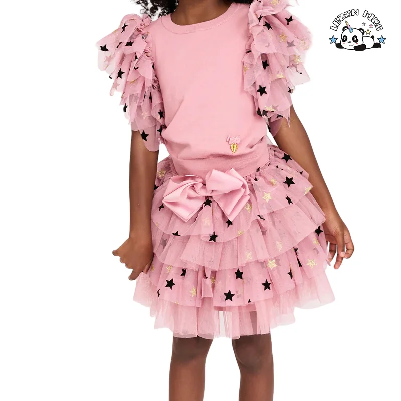 LEZONKIDS - 2024 New Girls Suit 2-14T Size Children Party Round Neck Flying Sleeve Top and Skirt Kids Suit